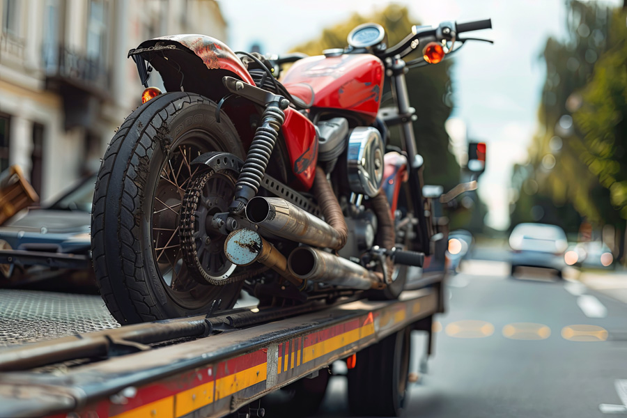 tow truck carrying a broken motorcycle