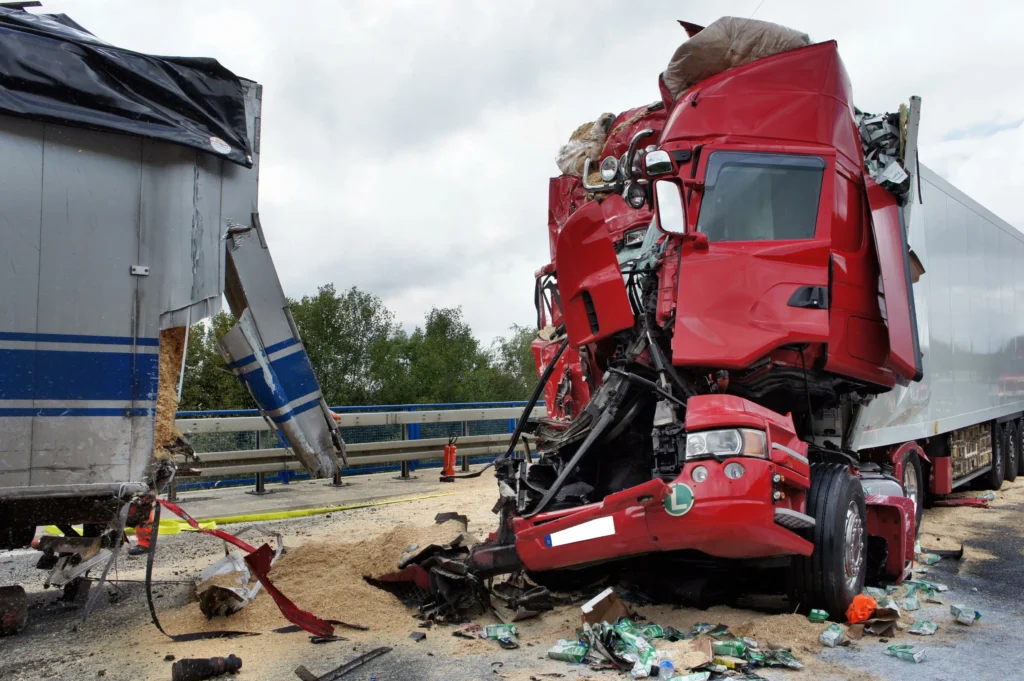 Totaled front end of a semi-truck after an accident.